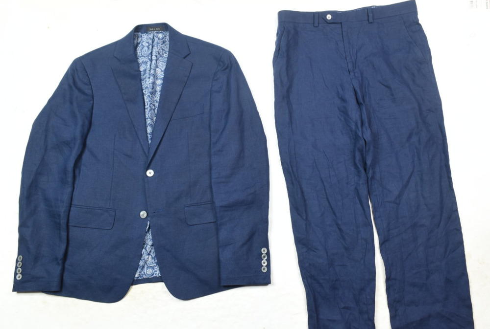 Lauren Ralph Lauren Linen Suit Mens 38R Blue Two-Button Classic Fit Flat Front